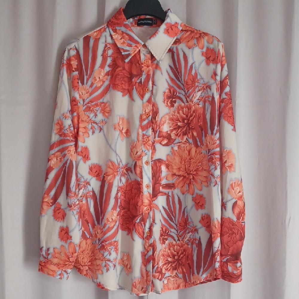 PrettyLittleThing Orange and Cream Floral Button Front Long Sleeve Blouse Size 8